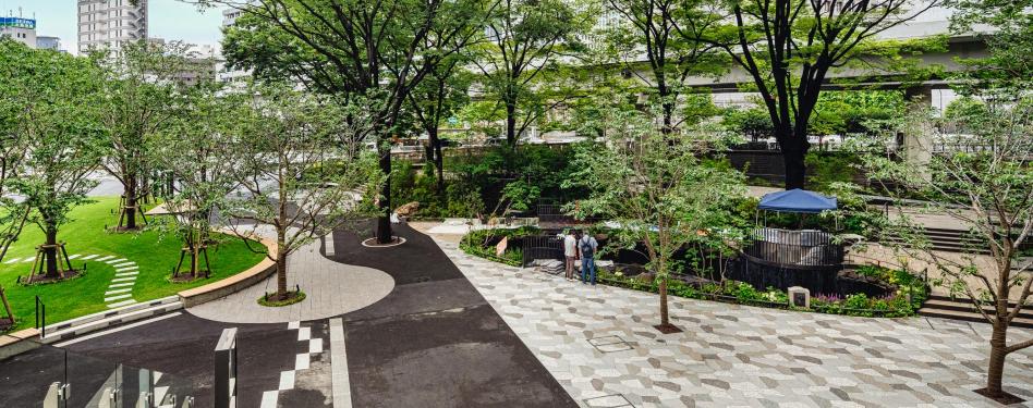 An arboreal public space with walkways of varying types.