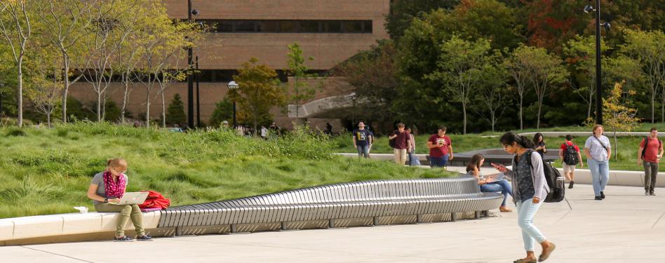 Students walk near a university building with lawn and trees.