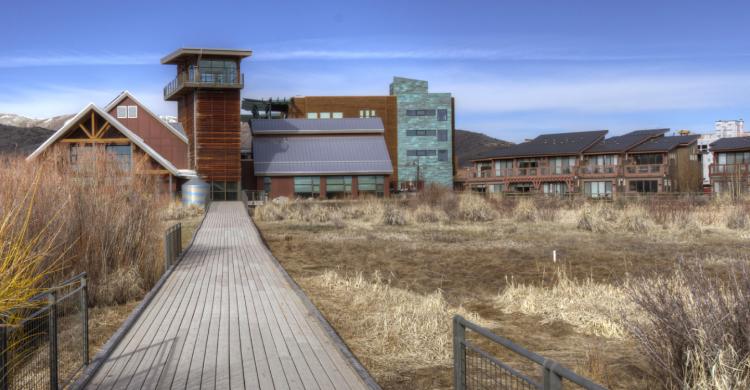 A pathway leads through grasses to a building with solar panels